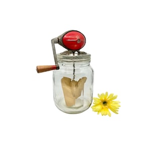 Antique 1920&#39;s Dazey 4 Quart Butter Churn / Glass Red Football Top Butter Churn / Churner Wood Whip and Hand Crank Churn / Farmhouse Décor