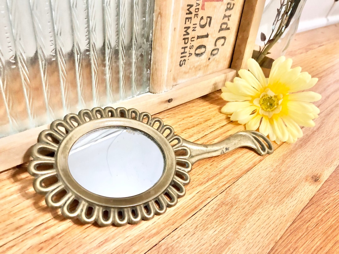 Vintage Italian Art Nouveau Brass Handheld Mirror by MBFL Italy