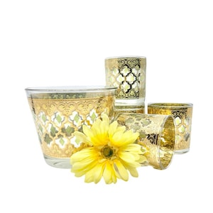 Vintage Culver Valencia 22K Gold Ice Bucket and 4 Lowball/Rocks Glasses / 1970’s Culver Barware Set / Mid-Century Culver