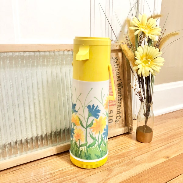 Vintage Aladdin Pump-A-Drink 1 Quart Thermos / Colorful Floral Aladdin Thermos / 1970's Aladdin Thermos