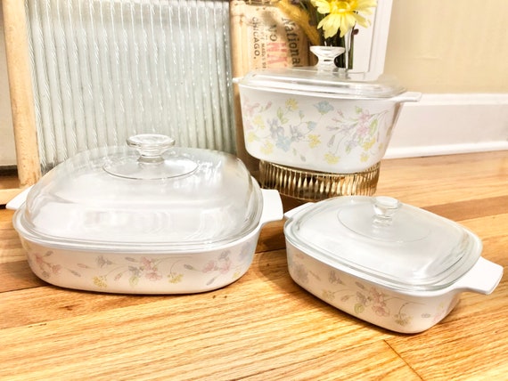 Vintage Corning Ware SET of 3 Pastel Bouquet Pattern Casseroles W