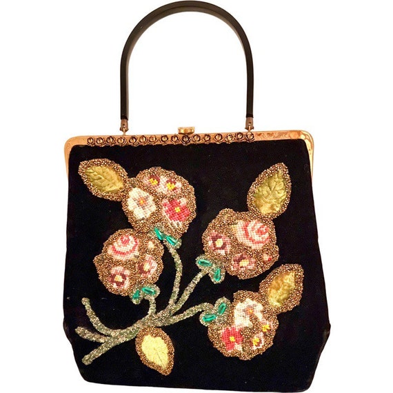 Vintage Handbag Black Velvet with Beads and Lucit… - image 3