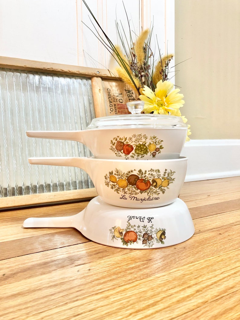 Vintage Corning Ware Spice of Life 5 Piece Set of 3 Pots and Pans / 1970s Corning Ware Spice of Life Cookware Set