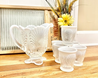 Antique Dugan Opalescent Beaded Seashell Pitcher and Tumbler Set