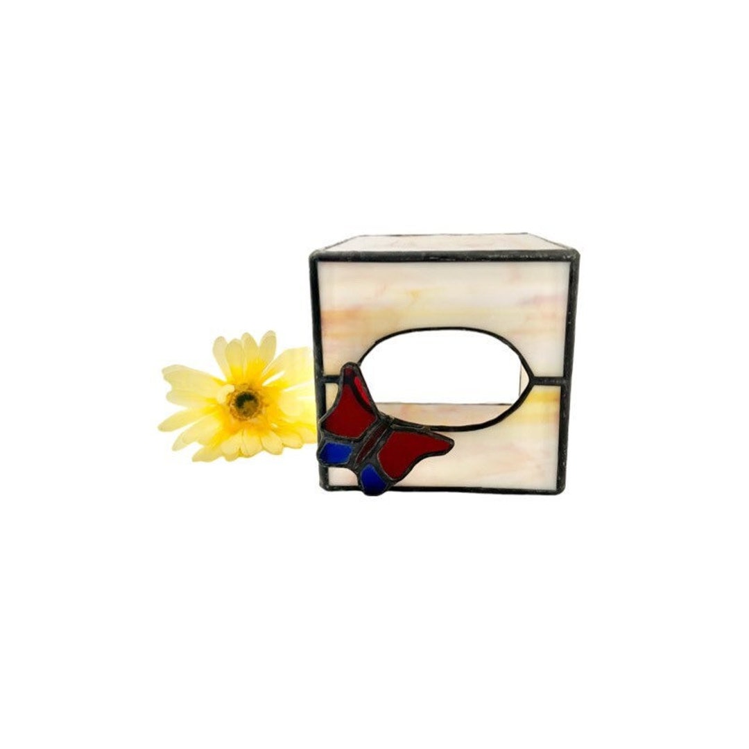 Vintage Stain Glass Tissue Box Holder With Butterfly / Butterfly