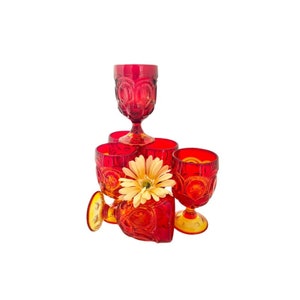 Vintage “Moon and Stars&quot; Goblets / Set of 6 Fenton/LG Wright Amberina Moon and Stars Glasses/Goblets