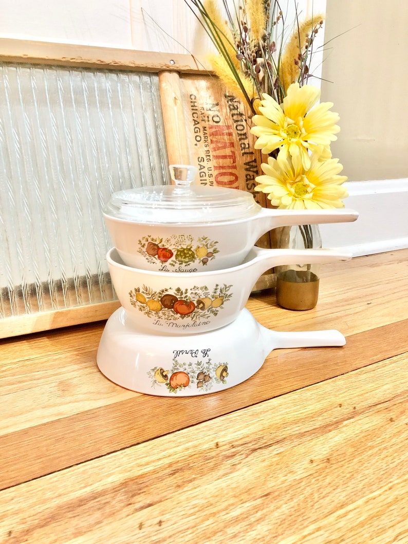 Vintage Corning Ware Spice of Life 5 Piece Set of 3 Pots and Pans / 1970s Corning Ware Spice of Life Cookware Set