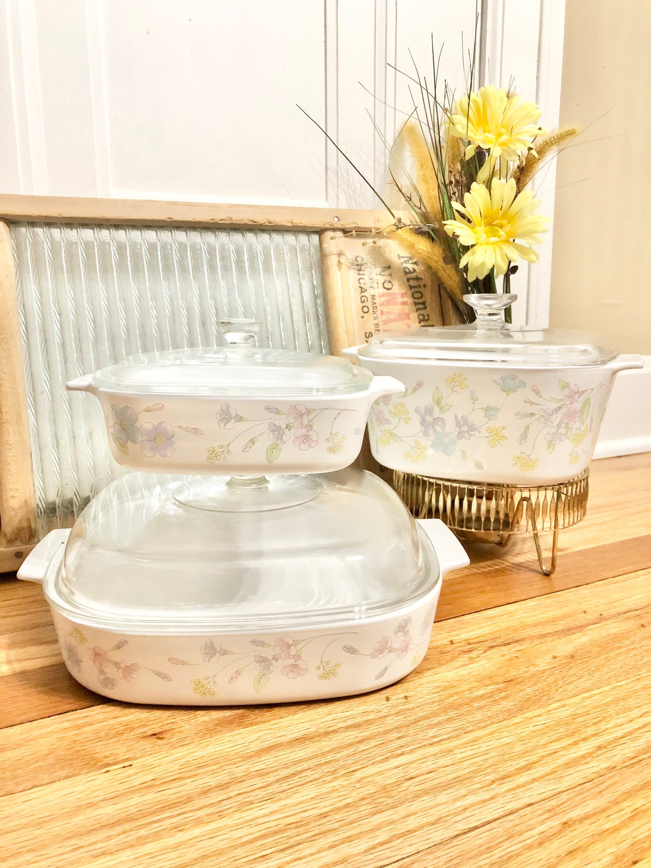 Vintage Corning Ware SET of 3 Pastel Bouquet Pattern Casseroles W