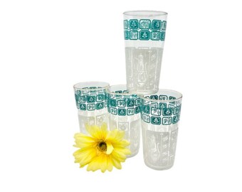 Vintage Swanky Swigs Glasses SET of 4 / Turquoise and White Swanky Swigs Glasses / Mid-Century Swanky Swigs Glasses