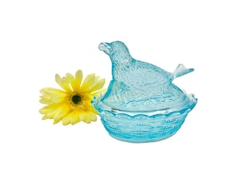Vintage LG Wright Aqua Glass Bird and Berry covered dish / 1950s Bird on Nest