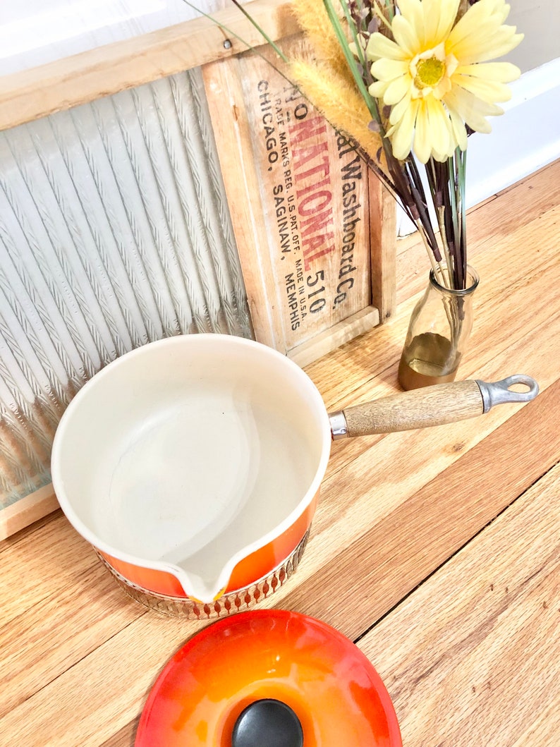 Vintage Le Creuset Flame Orange 6 Piece SET of 4 Pots and Pans / Flame Orange Le Creuset Cookware Set / Mid-Century Le Creuset Pots and Pans