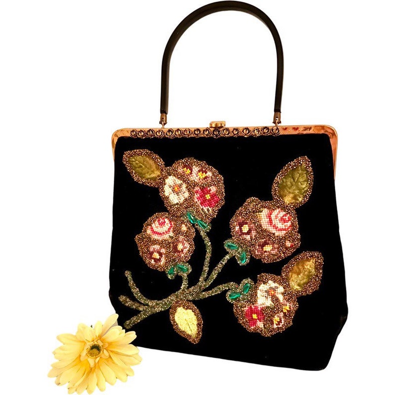 Vintage Handbag Black Velvet with Beads and Lucite Handle / 1960s Beaded Black Velvet Handbag image 10