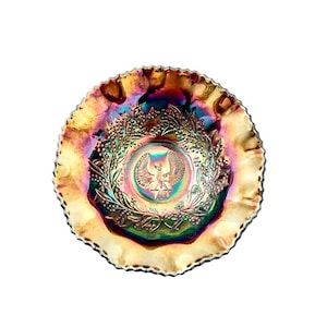 Antique Crown Crystal Shrike Thunderbird Amethyst Carnival Glass Berry/Sauce Bowl / 1900’s Australia Crown Crystal Carnival Glass Bowl