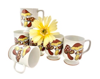 Vintage 1970s Mushroom Porcelain Mugs - Set of 6 Stackable Mugs