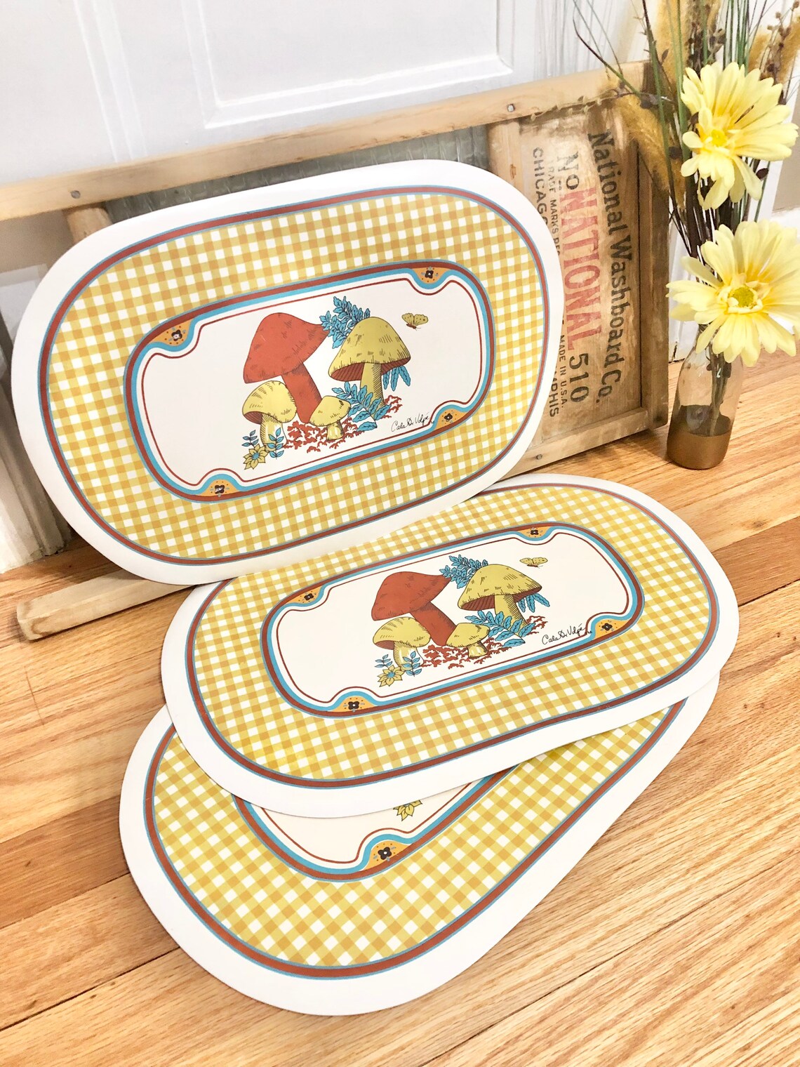 Vintage Vinyl Mushroom Placemats SET of 3 / 1970's Vinyl Etsy