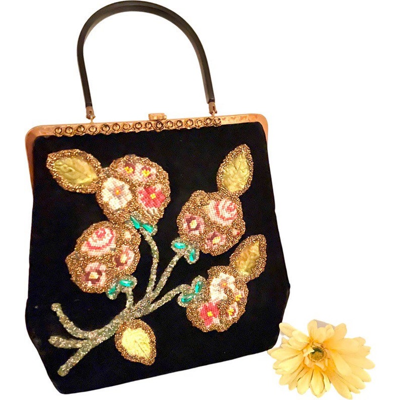 Vintage Handbag Black Velvet with Beads and Lucite Handle / 1960s Beaded Black Velvet Handbag image 2