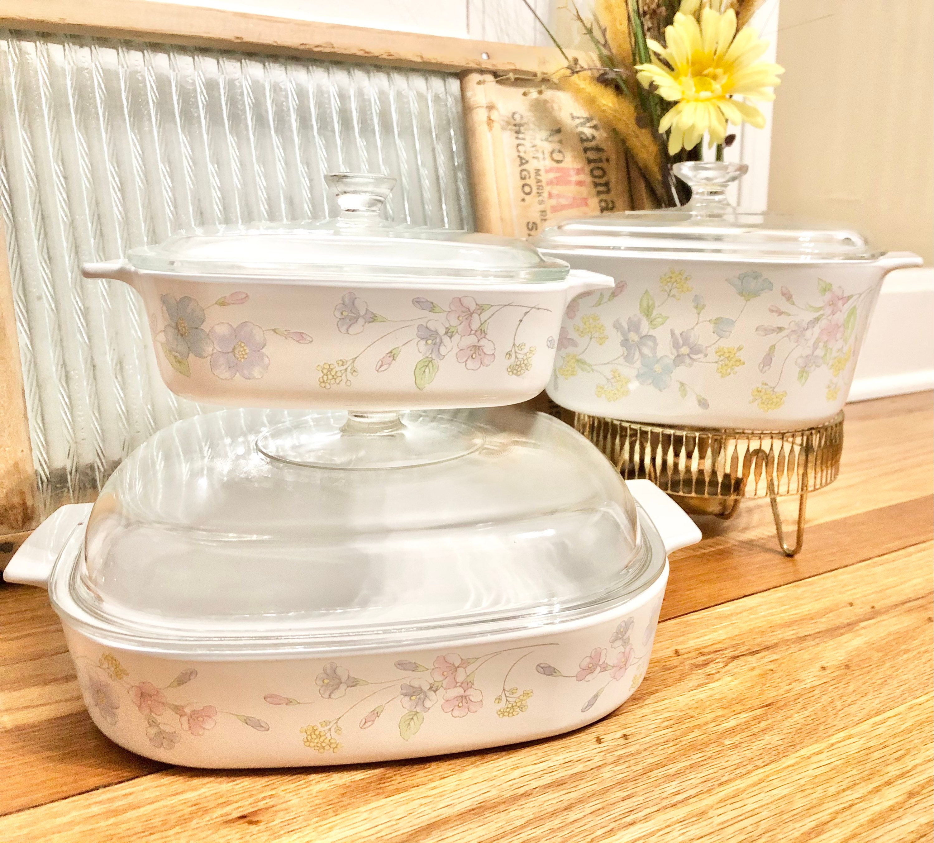 Vintage Corning Ware SET of 3 Pastel Bouquet Pattern Etsy