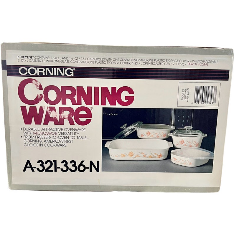 New Vintage Corning Ware "Peach Floral" 8 Piece Casserole Dish Set with Glass Lids / 1980’s Corning Ware Peach Floral in Original Box