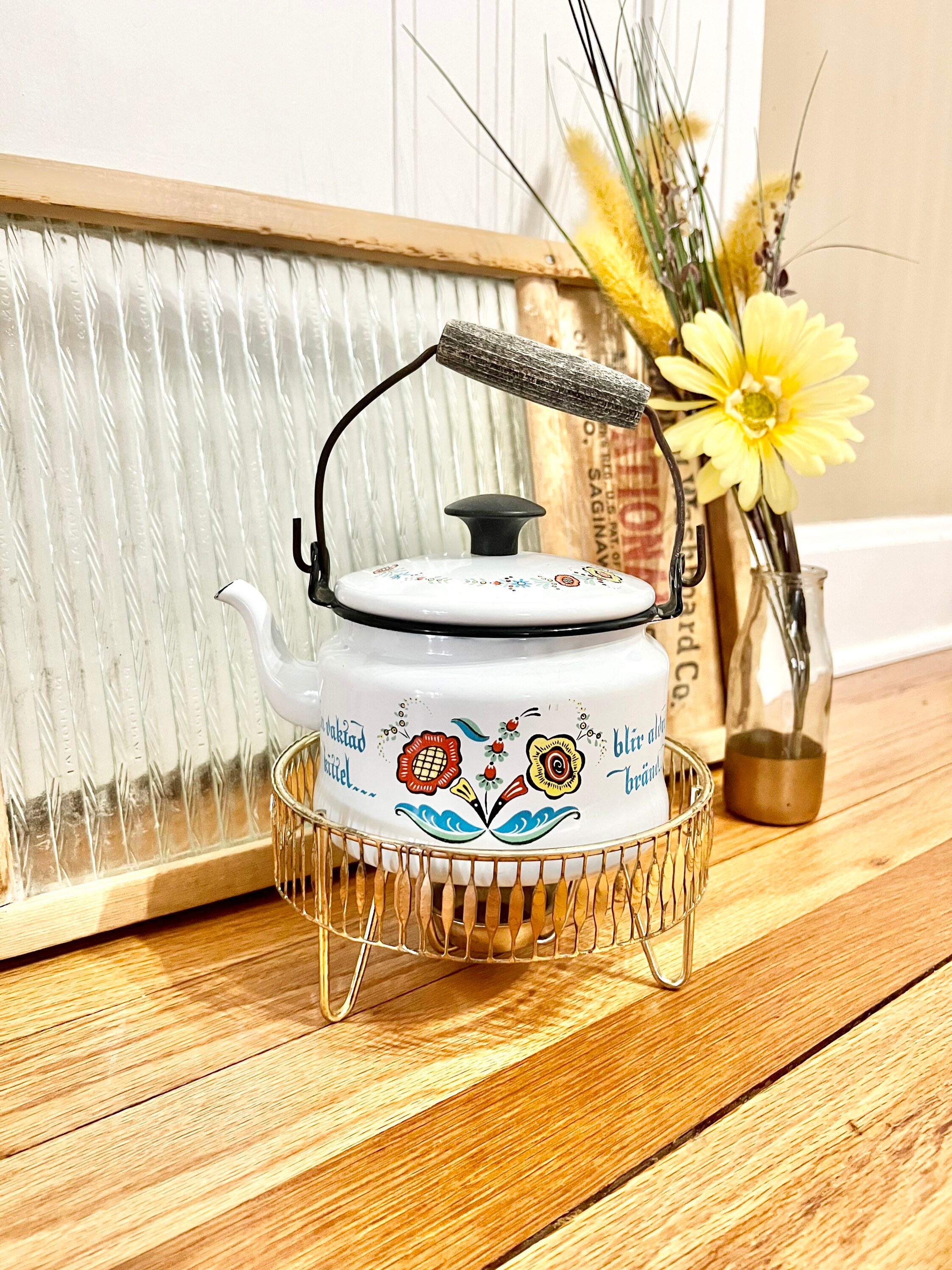 Vintage Swedish Scandinavian Folk Art Bright Enamel Tea Pot En