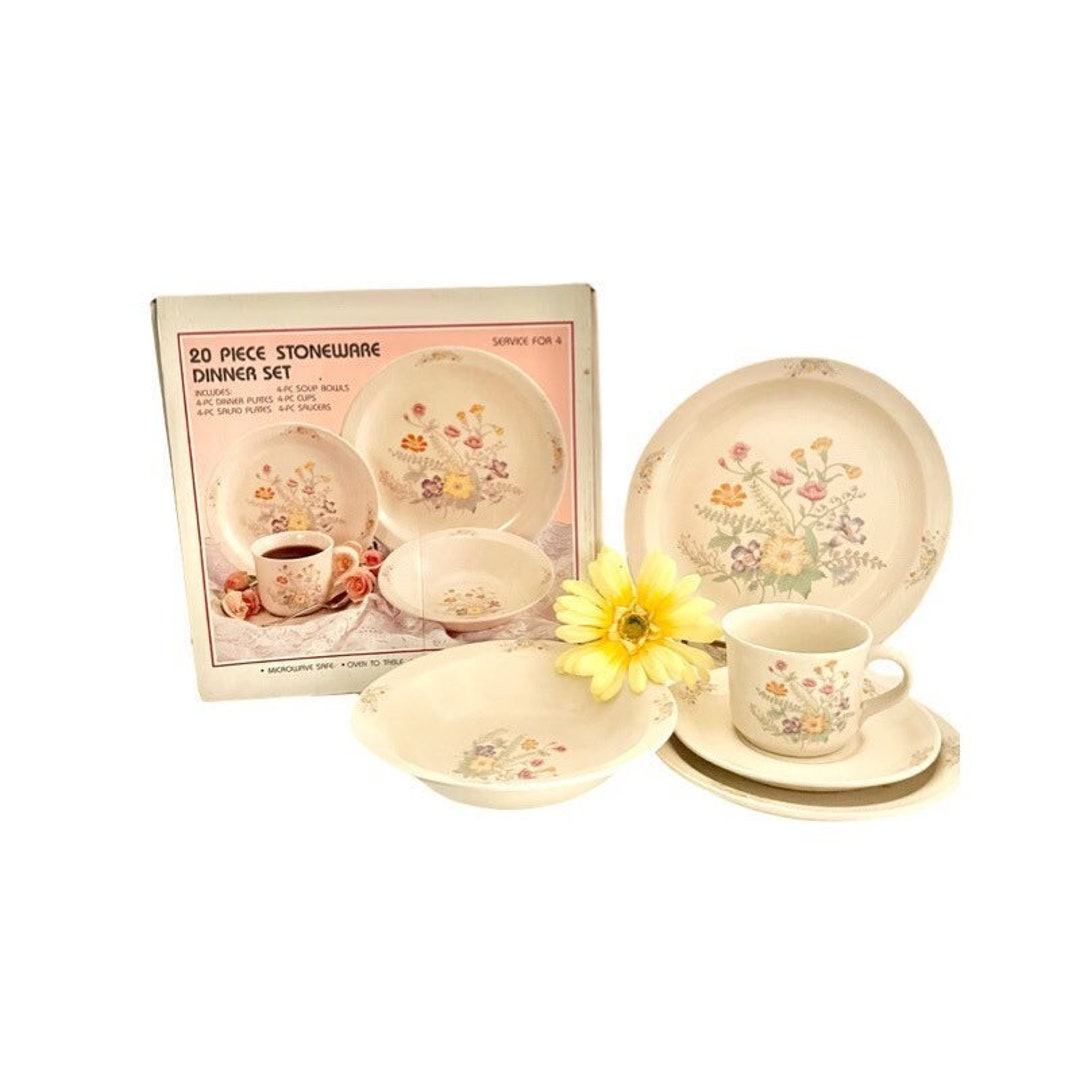 New Vintage 20 Piece Floral Stoneware Dinnerware Set for 4 by King Importing Inc. / 1970's ...