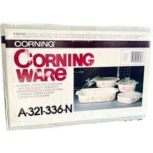 New Vintage Corning Ware "Peach Floral" 8 Piece Casserole Dish Set with Glass Lids / 1980’s Corning Ware Peach Floral in Original Box
