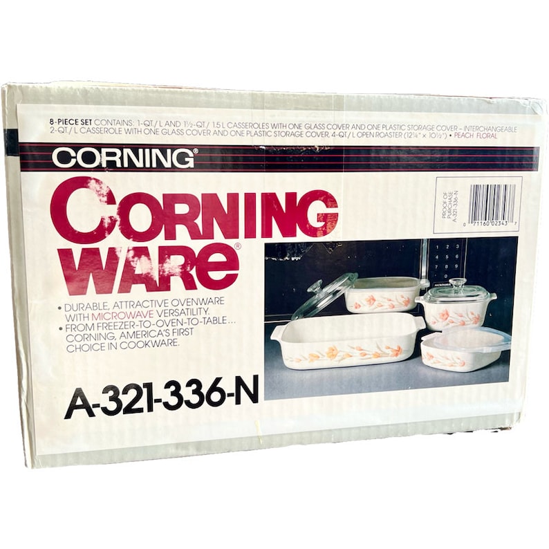 New Vintage Corning Ware "Peach Floral" 8 Piece Casserole Dish Set with Glass Lids / 1980’s Corning Ware Peach Floral in Original Box