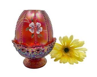 Vintage Fenton Iridescent Red Pedestal Egg Fairy Lamp Signed by S. Fisher