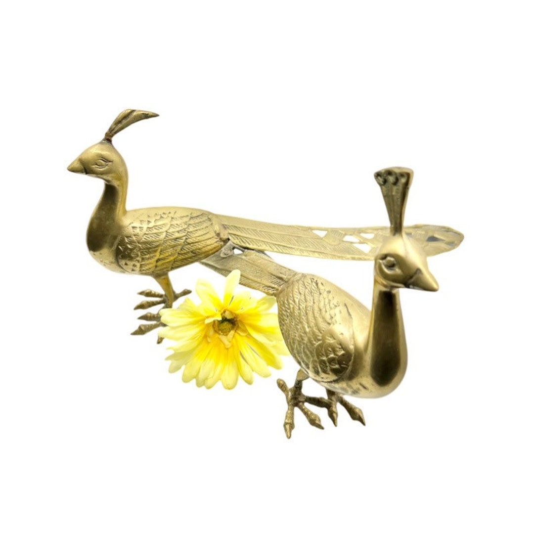Vintage Solid Brass Peacocks / SET of 2 Midcentury Brass Peacock
