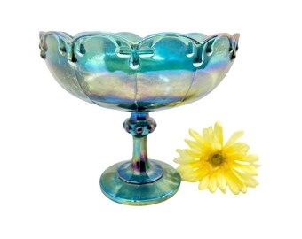 Vintage Indiana Iridescent Blue Carnival Glass Peacock Pedestal Large Bowl Compote Teardrop Garland Pattern with Scalloped Edges Vintage Indiana Iridescent Blue Carnival Glass Peacock Pedestal Large Bowl Compote Teardrop Garland Pattern with Scalloped Edges