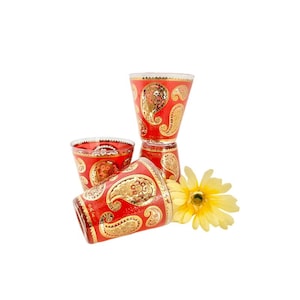 Vintage Mid-Century Culver SIGNED Set of 4 Red 22kt Gold Paisley Old Fashioned Glasses/Rocks Glasses / 1970’s Culver Paisley Glasses