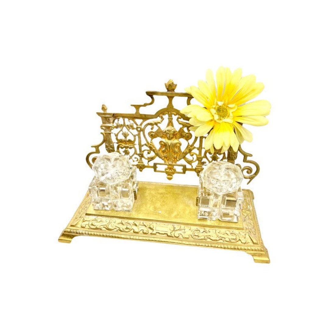 Vintage BEAUTIFUL Art Deco BRASS and Glass Large Inkwell Stand