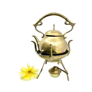 Vintage Solid Brass Tea Kettle / Tea Pot with Stand and Warmer / Mid-Century Brass Tea Kettle/Tea Pot with Stand and Warmer