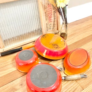 Vintage Le Creuset Flame Orange 6 Piece SET of 4 Pots and Pans / Flame Orange Le Creuset Cookware Set / Mid-Century Le Creuset Pots and Pans