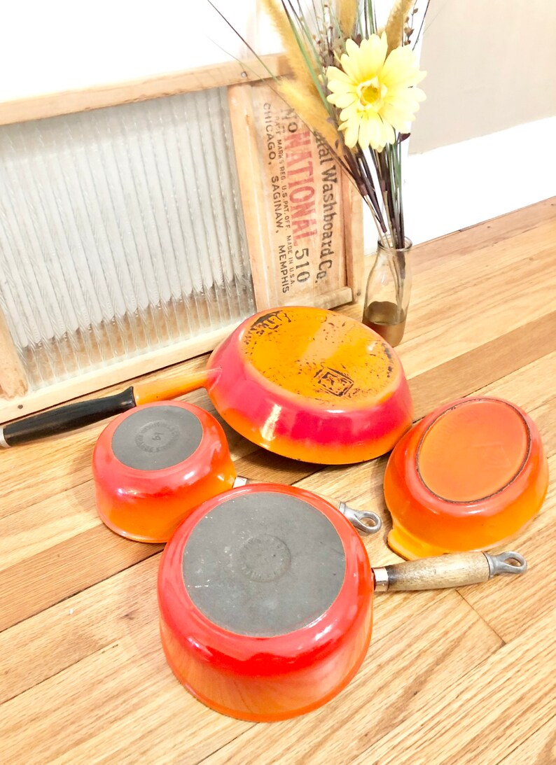 Vintage Le Creuset Flame Orange 6 Piece SET of 4 Pots and Pans / Flame Orange Le Creuset Cookware Set / Mid-Century Le Creuset Pots and Pans