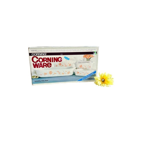 New Vintage Corning Ware Peach Floral 8-Piece Casserole Set (Original Box)