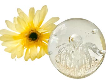 Vintage Art Glass Paperweight with White Fireworks and Gold Bottom – Mid-Century Collectible