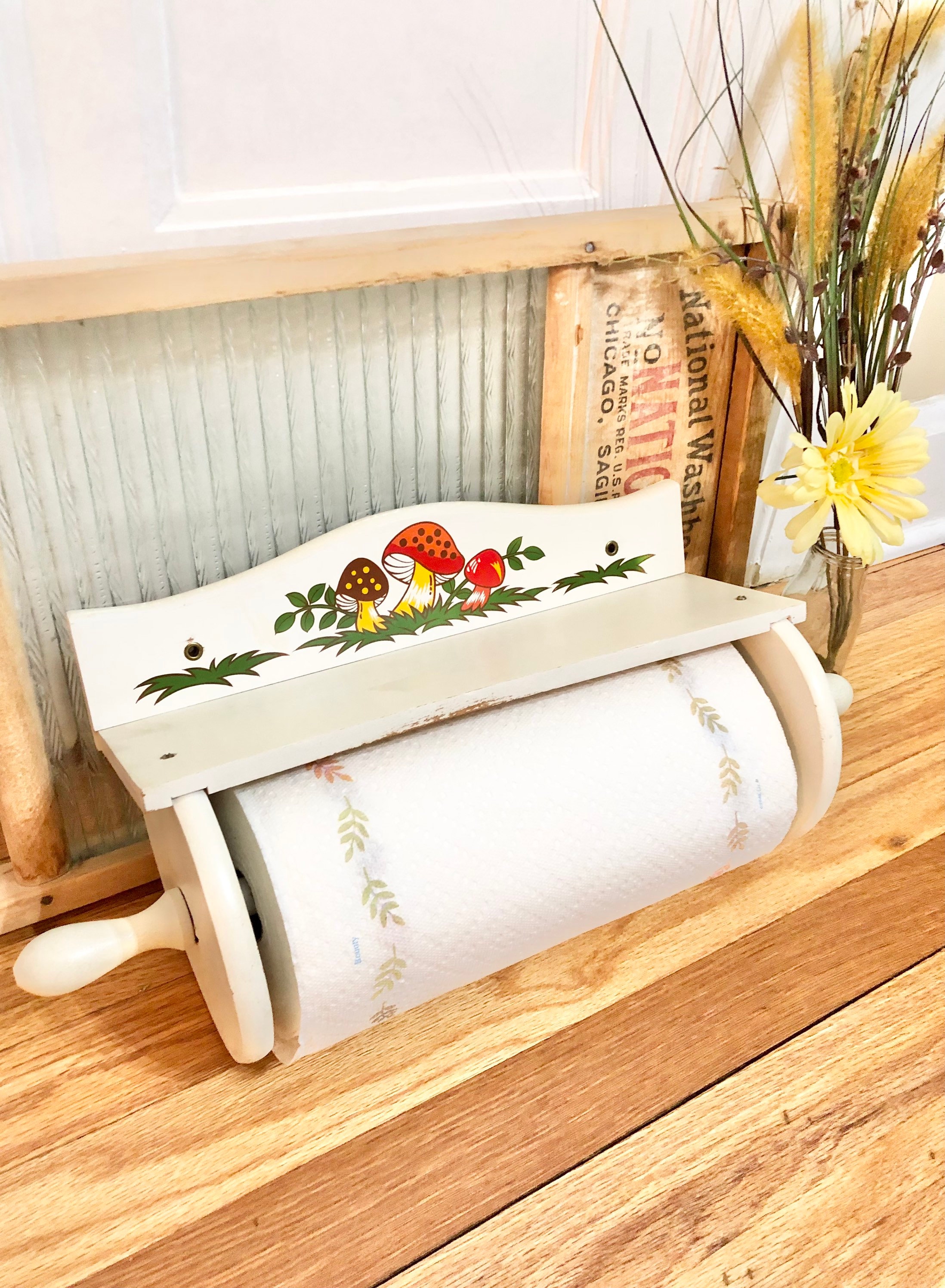 RARE Vintage Retro Merry Mushroom Paper Towel Holder 1970's