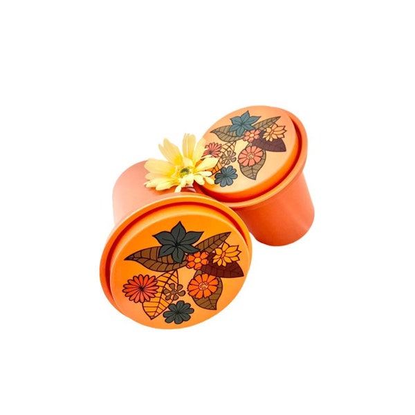 Vintage Canisters / Flower Power Rubbermaid Nesting Orange Canisters SET of 2 / 1970's Floral Design Vintage Rubbermaid Containers