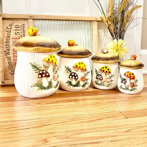 Vintage Merry Mushroom Ceramic Canister Set of Four (4) / Sears Merry Mushroom Canisters / Merry Mushroom Made by Sears c. 1980&#39;s