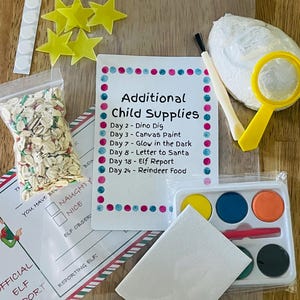 May include: A collection of children's craft supplies, including a watercolor paint set, a small canvas, and a bag of oats. Also included are yellow star-shaped decorations, a magnifying glass, and a list of activities.