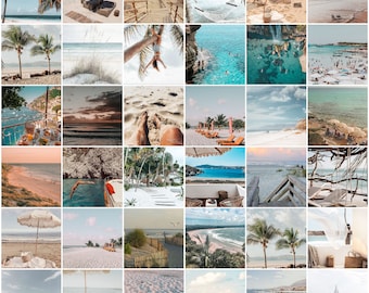 Kit de collage de pared de playa azul de verano, arte digital imprimible, decoración de la habitación, habitación estética, descarga instantánea (60 PCS)