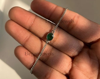 Emerald Silver Bracelet | 925 Silver Bracelet | Natural Emerald Bracelet | May Birthstone Emerald Bracelet | Chain Link Bracelet for Mother