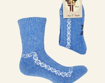 Women’s Organic Blue Wool Socks – Intricate Pattern Knit, Made in Mongolia