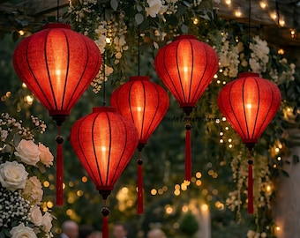 Lanterna di bambù rossa, lanterna sospesa in lino fiammato, decorazioni boho per matrimoni, lanterna asiatica in tessuto, illuminazione per feste in giardino