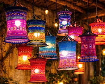 Boho Hanging Lantern, Ethnic Fabric Lantern, Vietnamese Tribal Decor, Bohemian Home Decor
