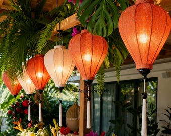 Bamboe lantaarn, hanglamp van slublinnen, boho tuinlantaarn, Vietnamese stoffen lamp, bruiloftsdecoratie, warme sfeerverlichting