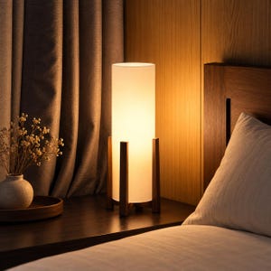 May include: A cylindrical table lamp with a white frosted glass shade supported by a dark brown wooden base. The lamp emits a warm, soft glow, illuminating the surrounding area with a gentle light, creating a calm and inviting atmosphere.