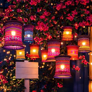 Könnte beinhalten: Eine Ansammlung farbenfroher, beleuchteter Laternen, die an einem blühenden Baum hängen. Die Laternen weisen komplizierte Muster in Pink-, Lila-, Orange- und Blautönen auf. Die Szene spielt in der Dämmerung und erzeugt eine warme Atmosphäre.