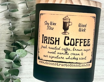 10oz SOY Candle- Irish Coffee Scent - Wood Wick - black matte glass votive with wood lid