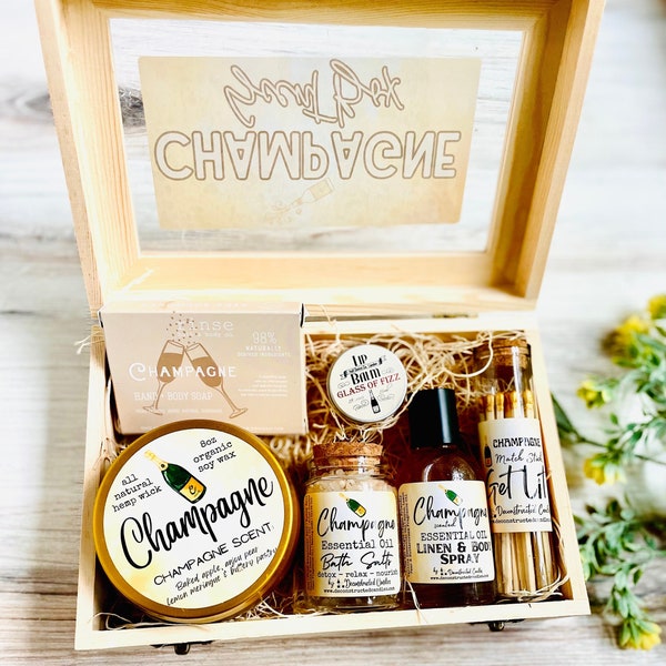 Champagne Deluxe Wooden Gift Box - Scent Box - Bath & Beauty gift set - champagne Themed gift Set - Handmade/organic/natural - Essentia